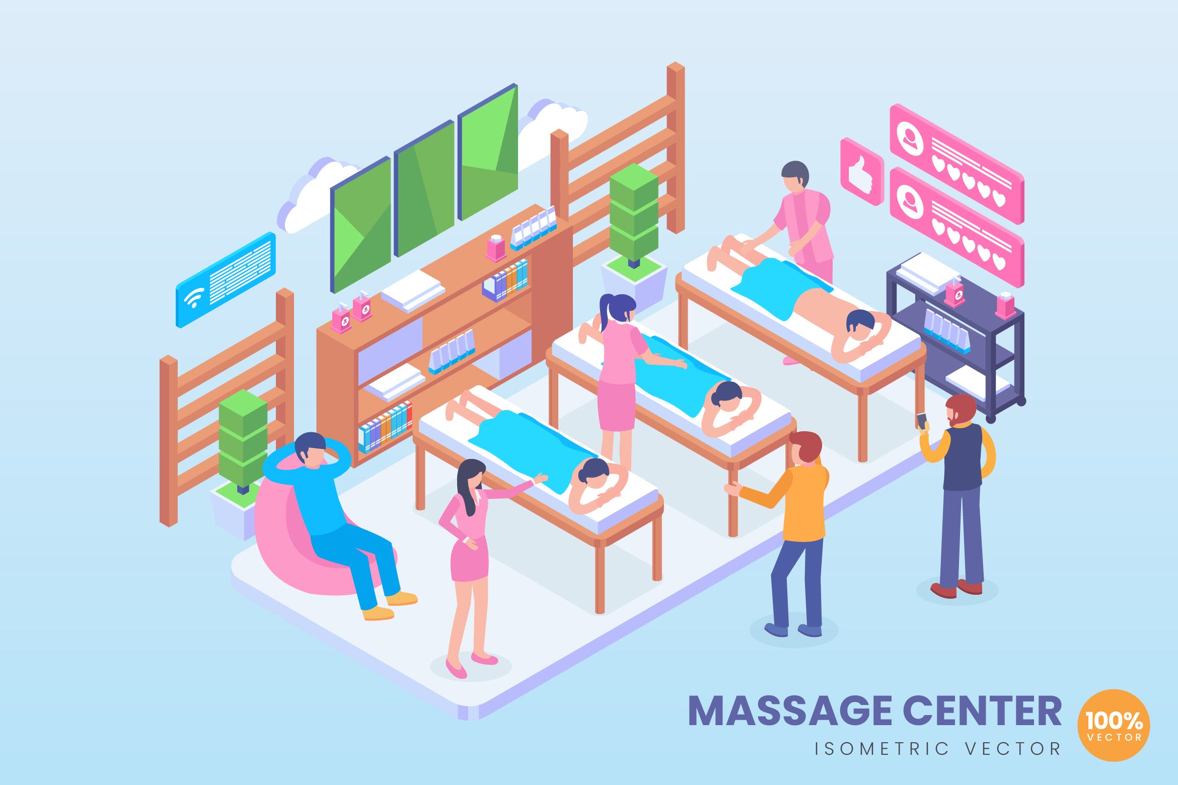 按摩休闲会所场景等距矢量概念插画 Isometric Massage Center Vector Concept插图