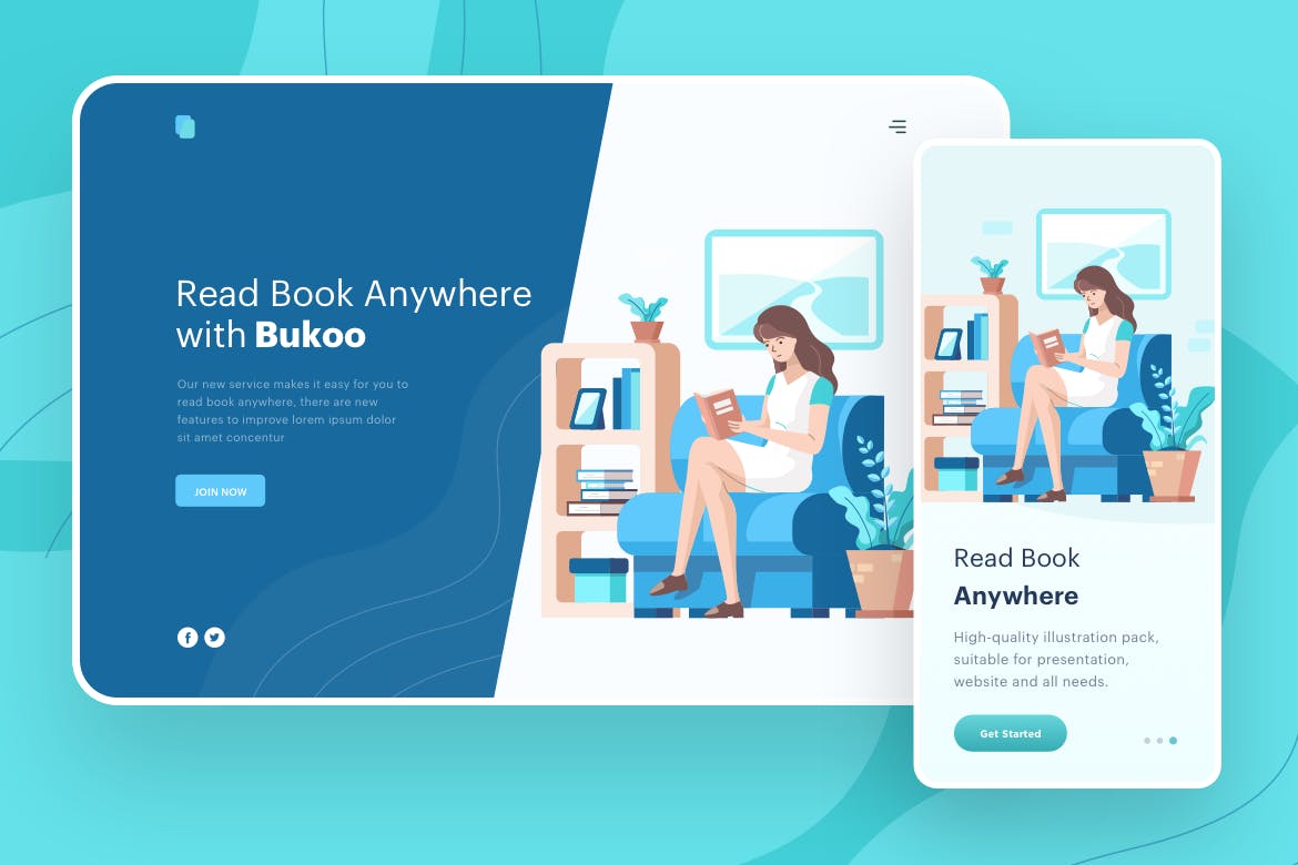 随身阅读主题网站矢量插画素材 Read Book Anywhere Illustration – Website Header插图(1)