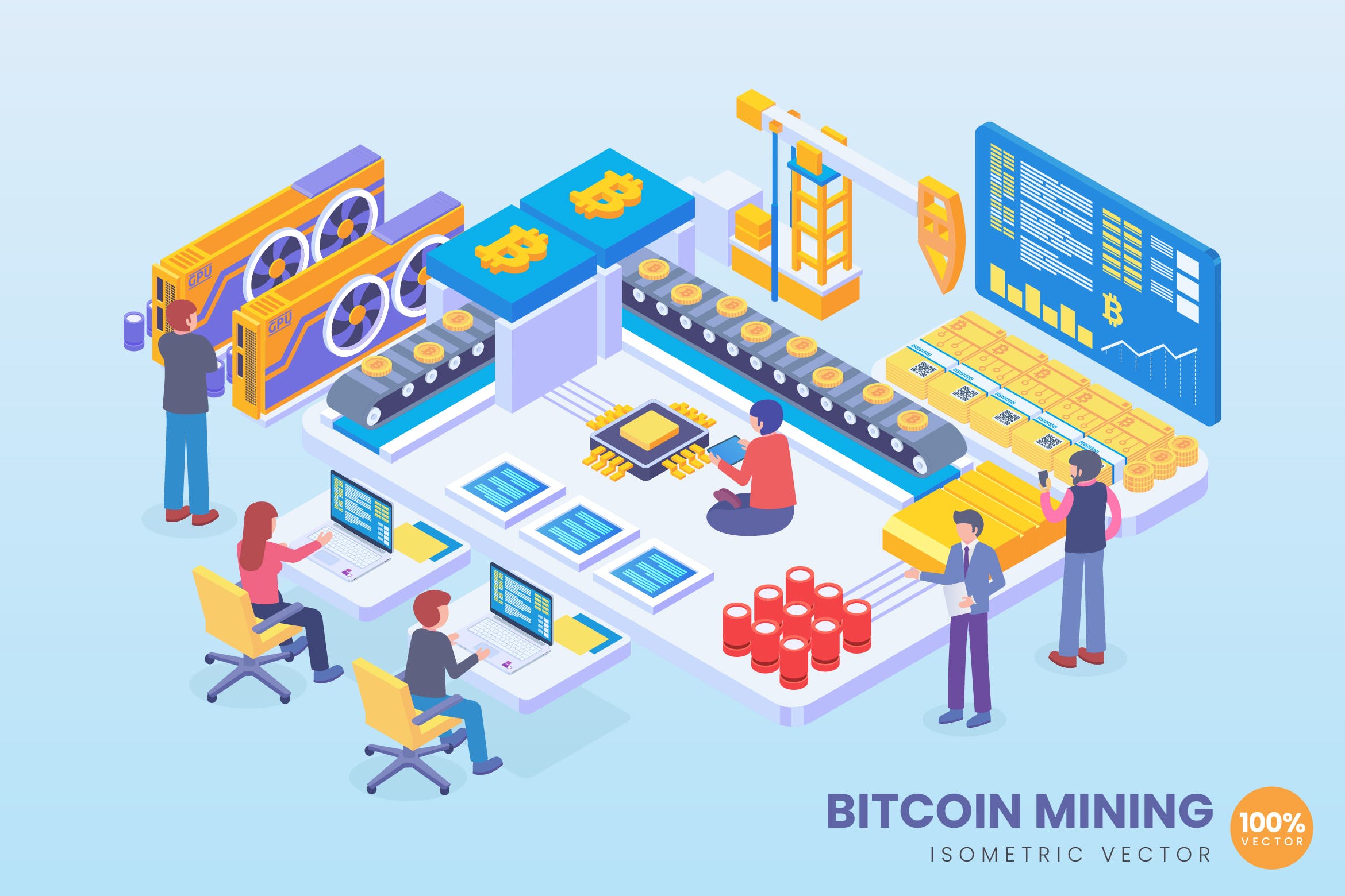 比特币挖矿等距矢量素材库精选概念插画v2 Isometric Bitcoin Mining Vector Concept插图