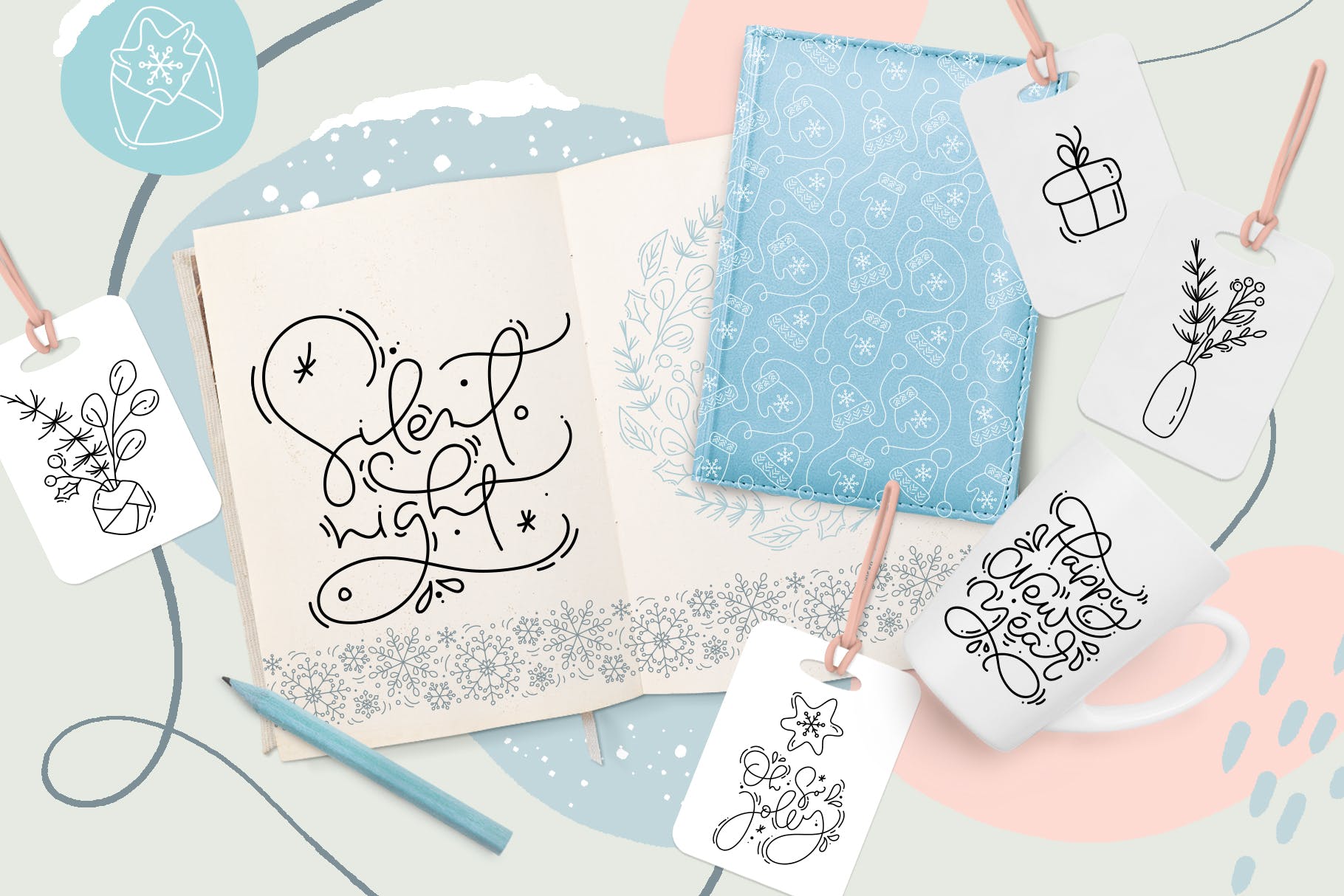 Monoline线条设计风格圣诞节设计素材包 Merry Christmas monoline插图(1)