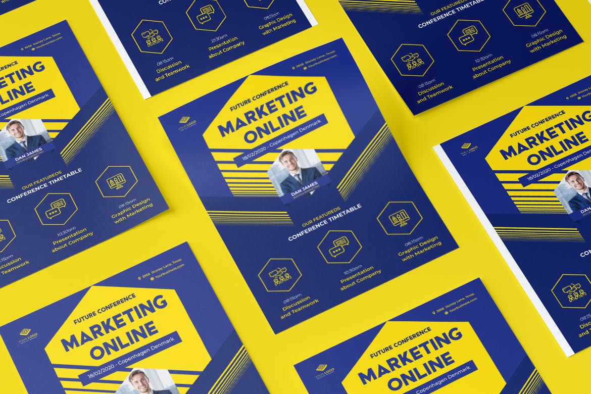 活动/会议/讲座主题黄蓝配色传单设计模板 Event Conference Flyer Illustrator Template插图(1)