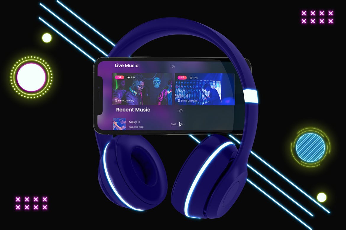 霓虹灯设计风格iPhone手机音乐APP应用UI设计图素材库精选样机 Neon iPhone Music App Mockup插图(3)