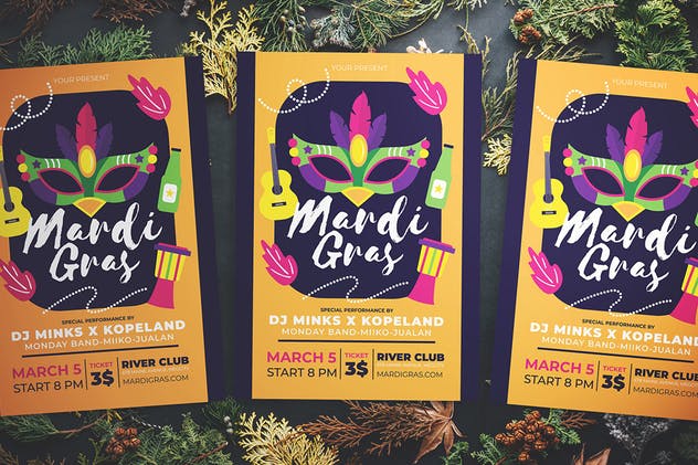 蒙面狂欢派对活动海报设计模板 Mardi Gras Party Flyer插图(3)