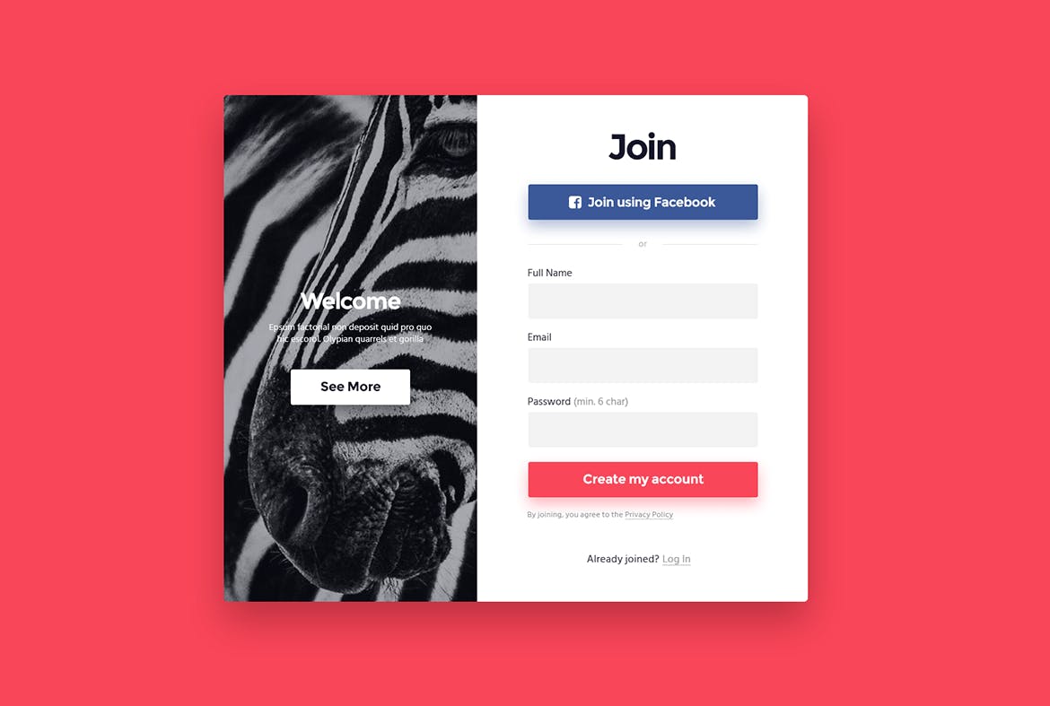 网站登录注册窗口表单设计素材库精选模板 “Zebra” Login & Registration Form插图(2)