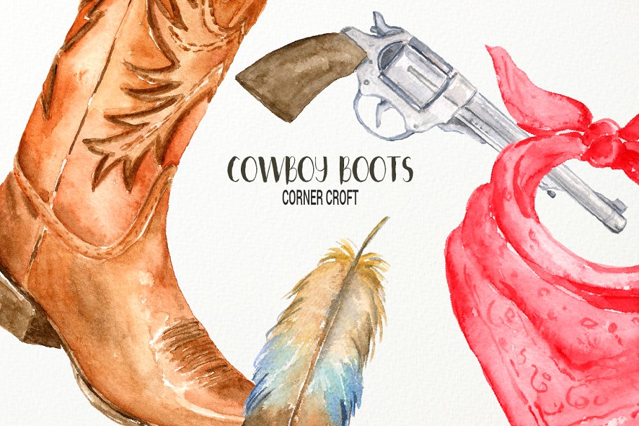 经典水彩牛仔靴剪贴画 Watercolor Cowboy Boots Illustration插图(6)