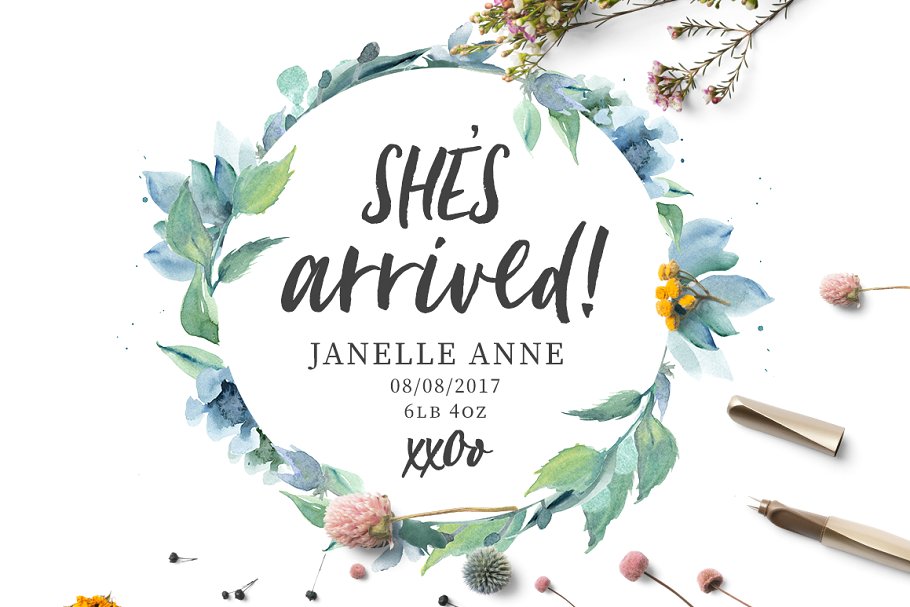 手写英文字体&手绘水彩花卉剪贴画 Loving Saskia Font & Graphics Bundle插图(2)