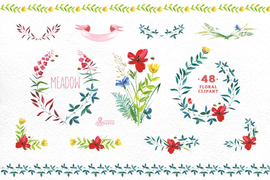 牧场花卉小草水彩手绘剪贴画 Meadow. Floral clipart插图(1)