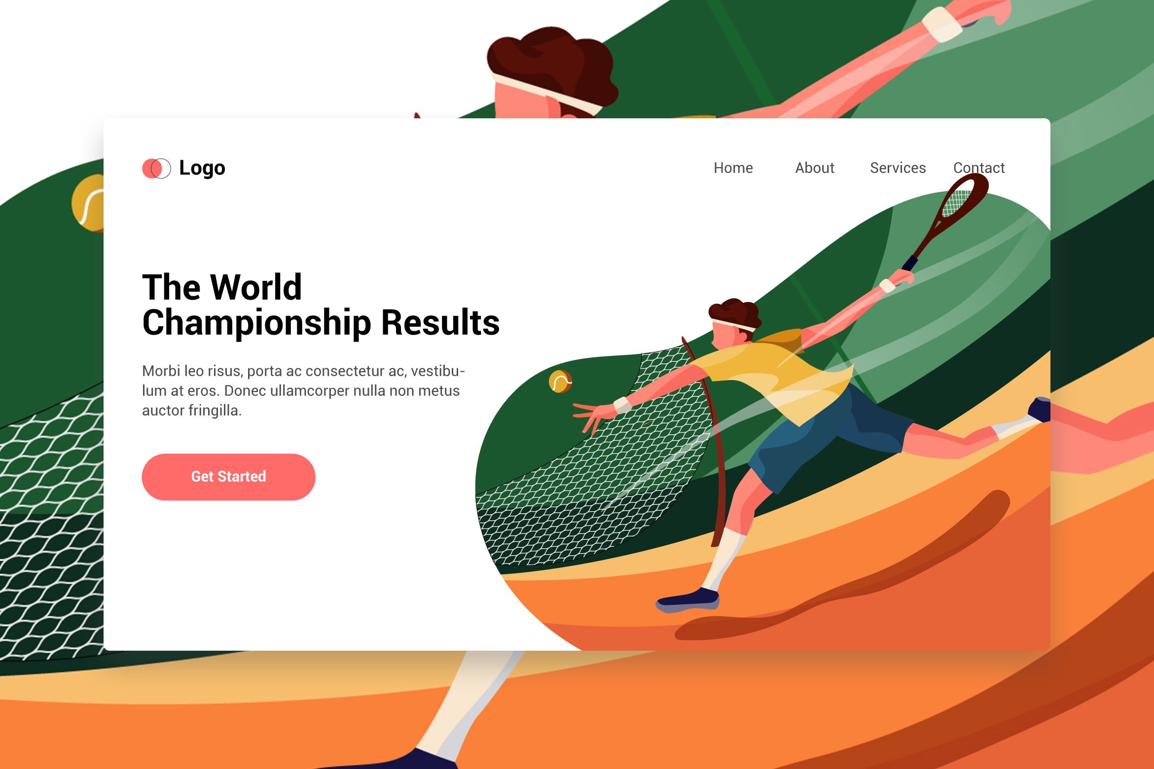 网站着陆页设计网球运动主题素材库精选手绘插画矢量 Male Tennis Player Vector Landing Page插图