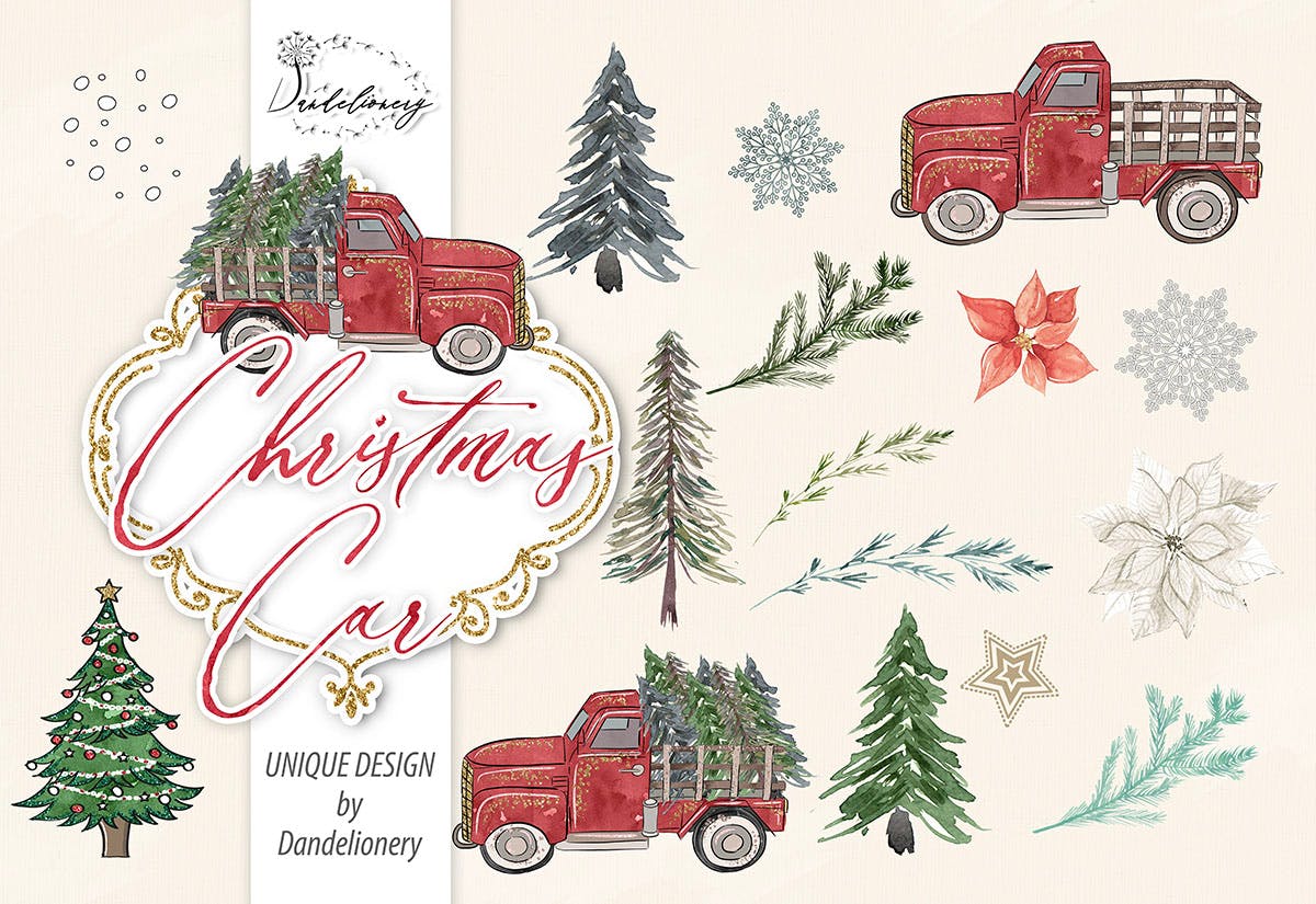 圣诞节节日主题水彩手绘汽车设计剪贴画PNG素材 Christmas Car design插图(1)