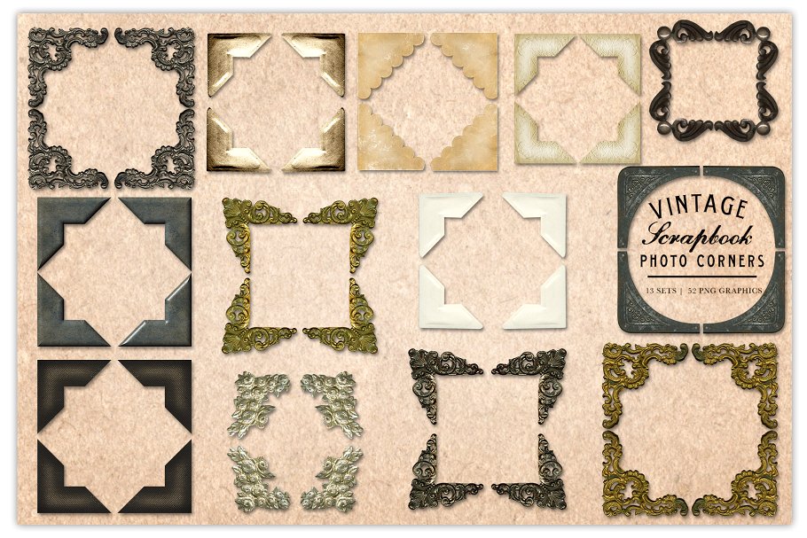 复古剪贴簿/相册装饰角元素素材 Vintage Scrapbook Photo Corners插图(1)