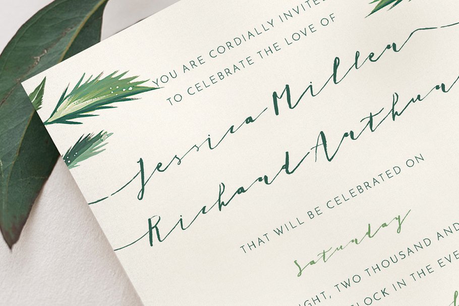 简约热带植物装饰婚礼邀请函模板 Classy Tropical Wedding Suite插图(1)