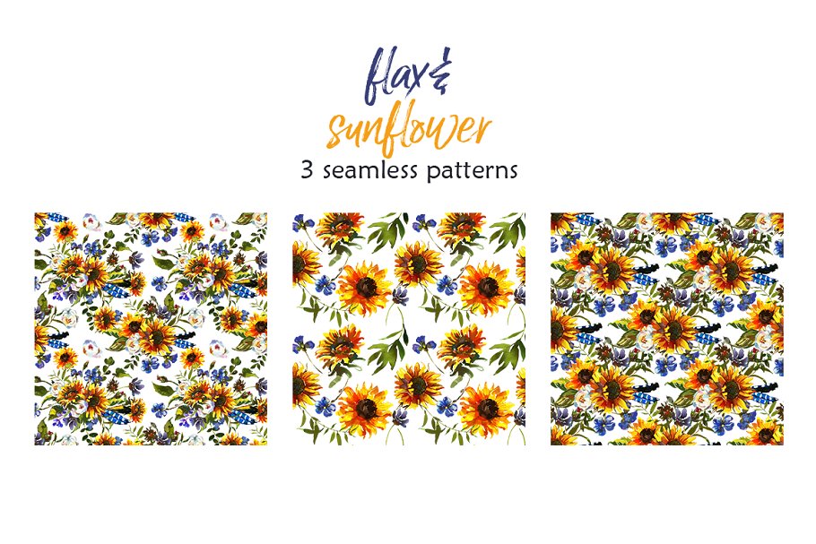 波希米亚风格向日葵亚麻花水彩剪贴画 Boho Sunflower Flax Flowers PNG插图(6)