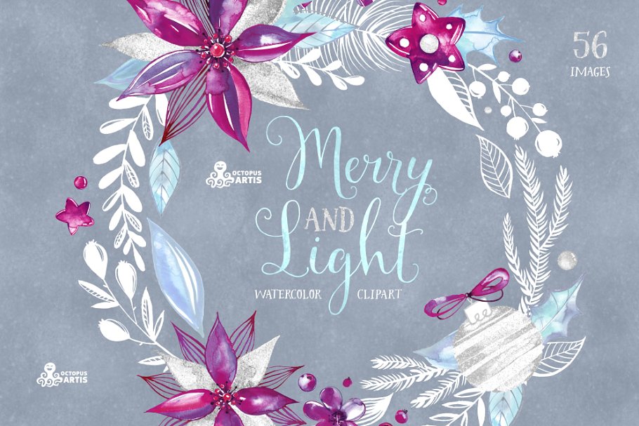 假日手绘水彩花卉剪贴画合集 Merry and Light. Holiday collection插图