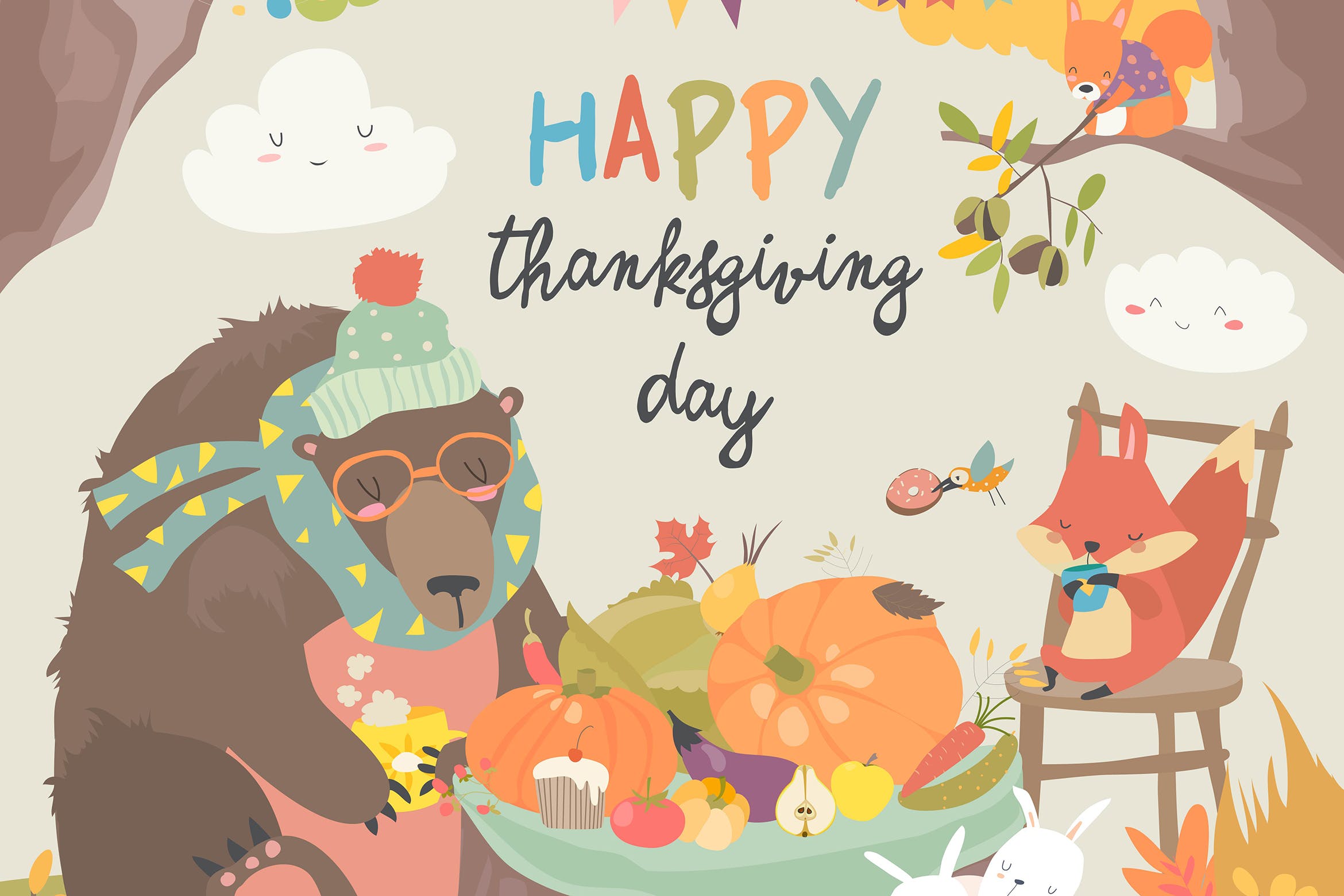 可爱动物感恩节矢量手绘图形素材 Cute animals celebrating Thanksgiving day. Vector插图