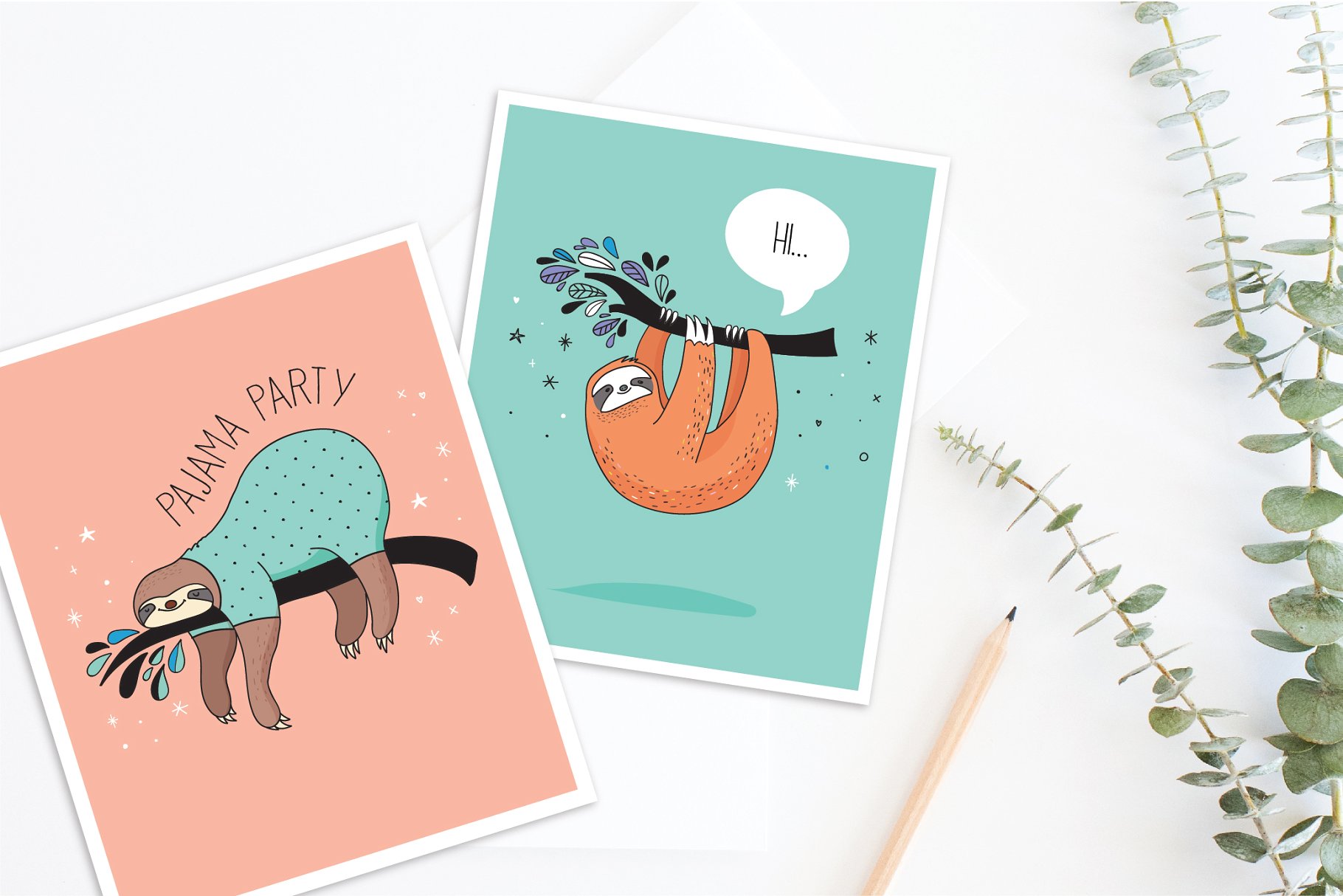 可爱的树懒图标、卡片、图案 Cute sloths icons, cards, patterns插图(5)