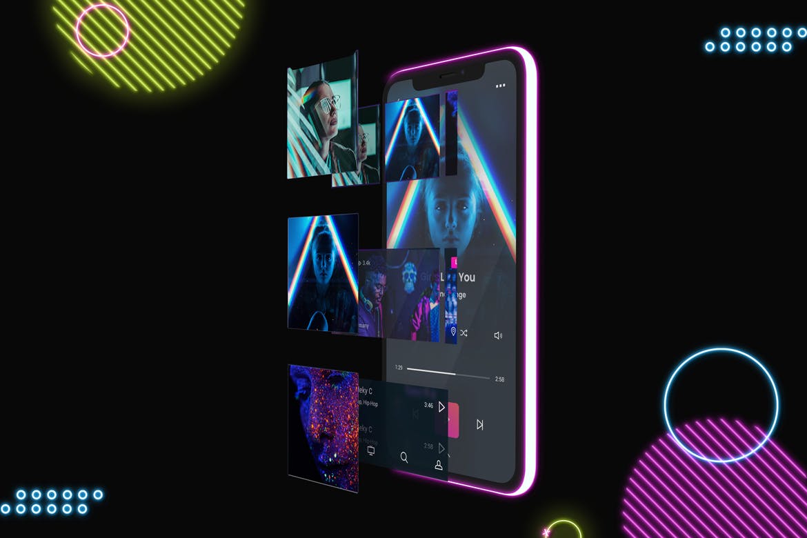 霓虹灯背景iPhone 11手机屏幕预览素材库精选样机模板v2 Neon iPhone 11 Mockup V.2插图(2)