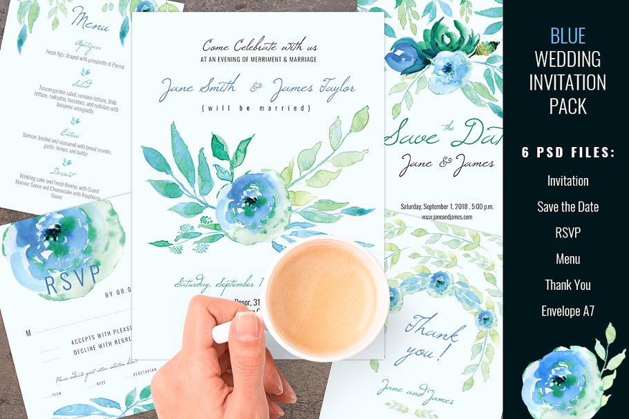 蓝色婚礼邀请函设计模板 Blue Wedding Invitation pack插图