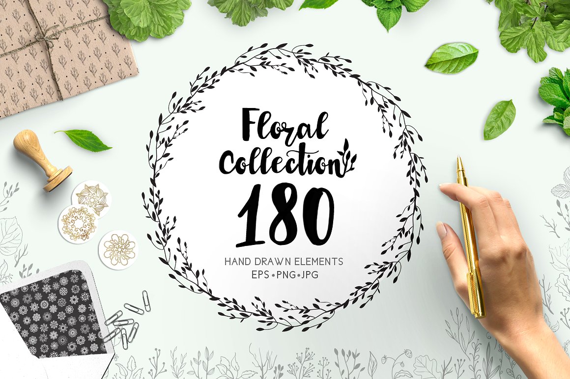 漂亮的手绘花卉植物剪贴画背景纹理素材插图