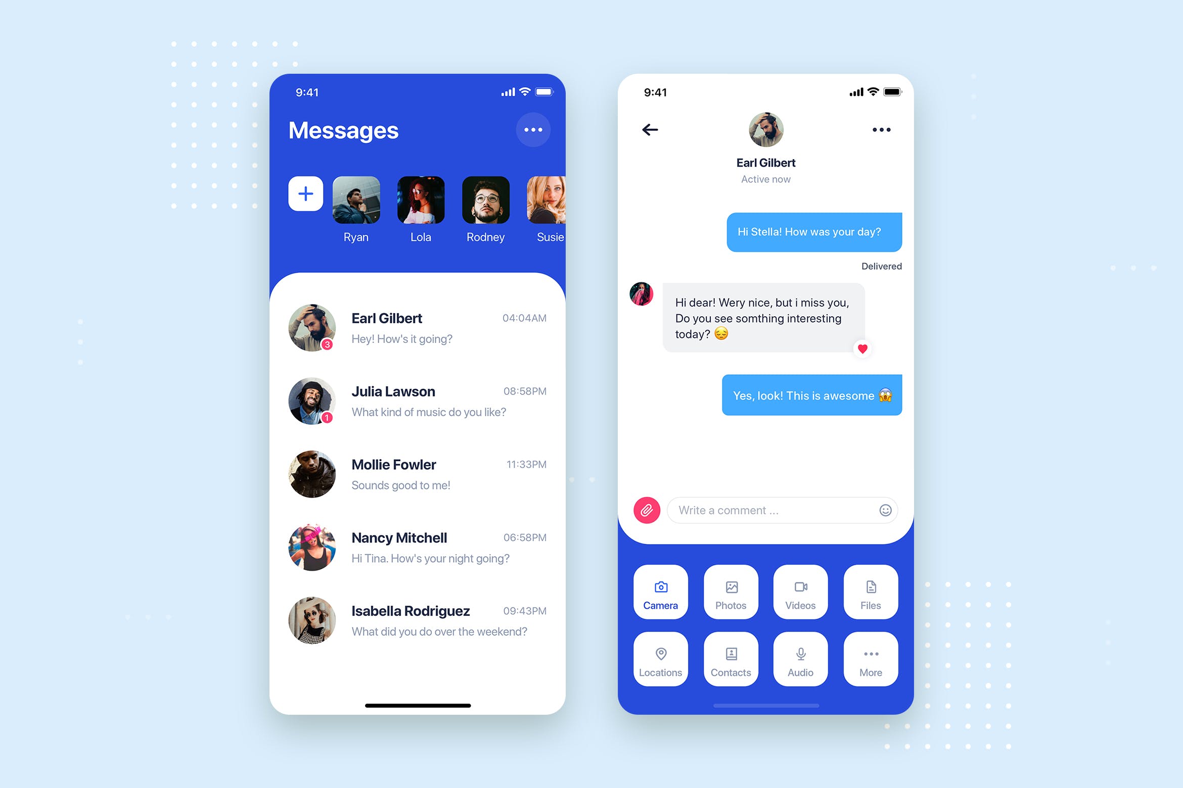 消息聊天APP应用好友列表&聊天窗口界面设计素材库精选模板 Messages Chatting Mobile App UI Kit Template插图