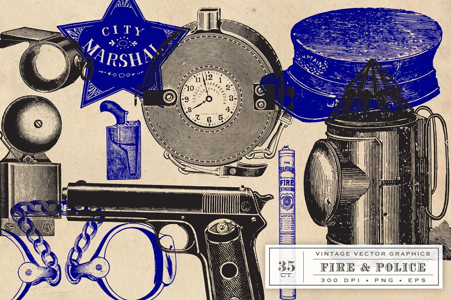 复古消防＆警察主题矢量图案素材 Fire & Police Vector Graphics插图(1)