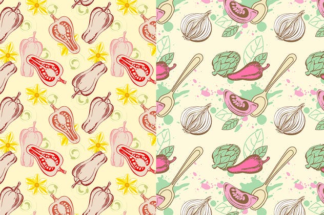 手绘蔬菜无缝图案设计素材 Vegetable Seamless Patterns插图(3)