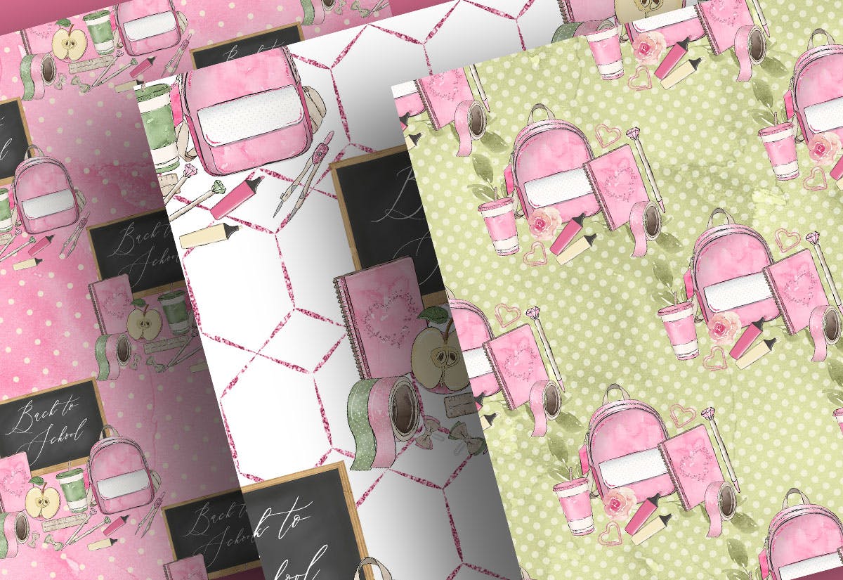 开学主题水彩手绘图案设计素材 Back to School digital paper pack插图(1)