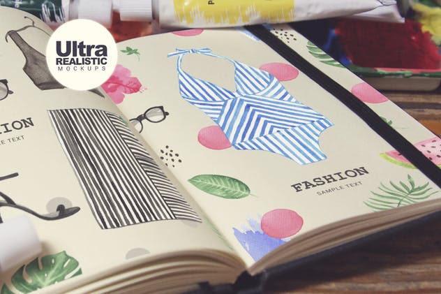 水彩画创作画室场景袖珍笔记本样机模板v7 Pocket Notebook Acrylic Paint Tubs插图(3)