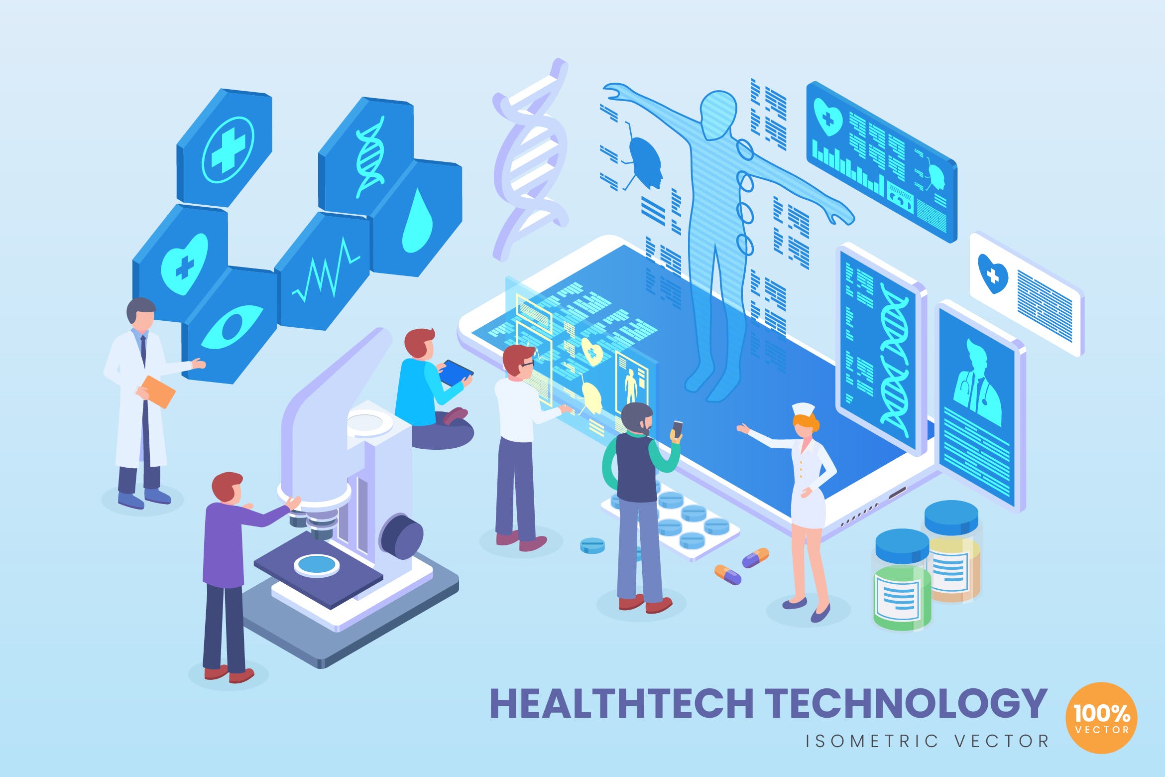 现代健康检测技术等距矢量素材库精选科技概念插画 Isometric Healthtech Technology Vector Concept插图