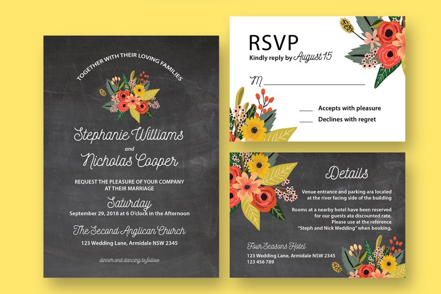 花饰黑板背景婚礼设计物料模板 Floral Chalkboard Wedding Suite插图(1)