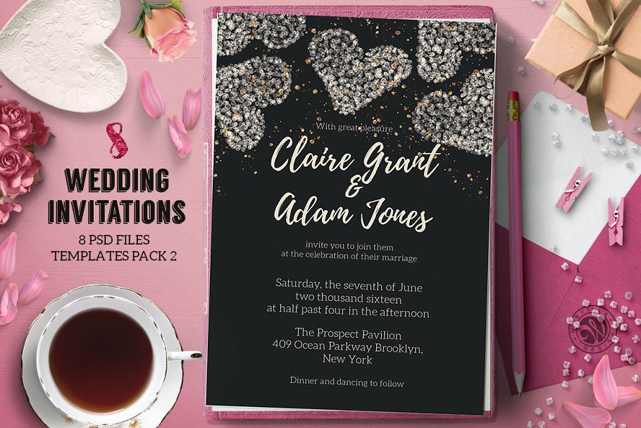 8款粉色少女元素婚礼邀请函模板 8 Wedding Invitations Pack 2插图(2)