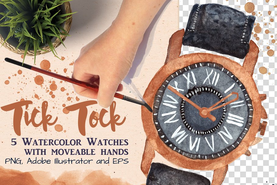 5款精心手绘水彩手表插画 5 watercolor watches插图