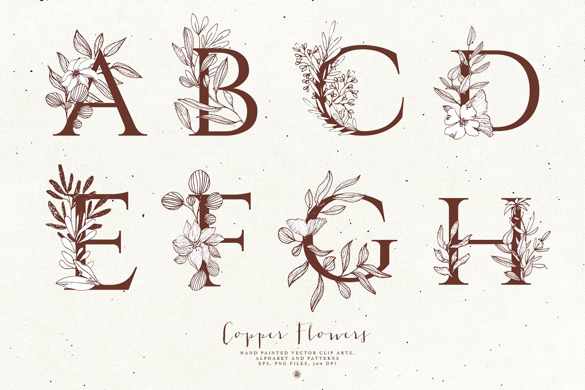 古铜色花卉字母插画套装插图(3)
