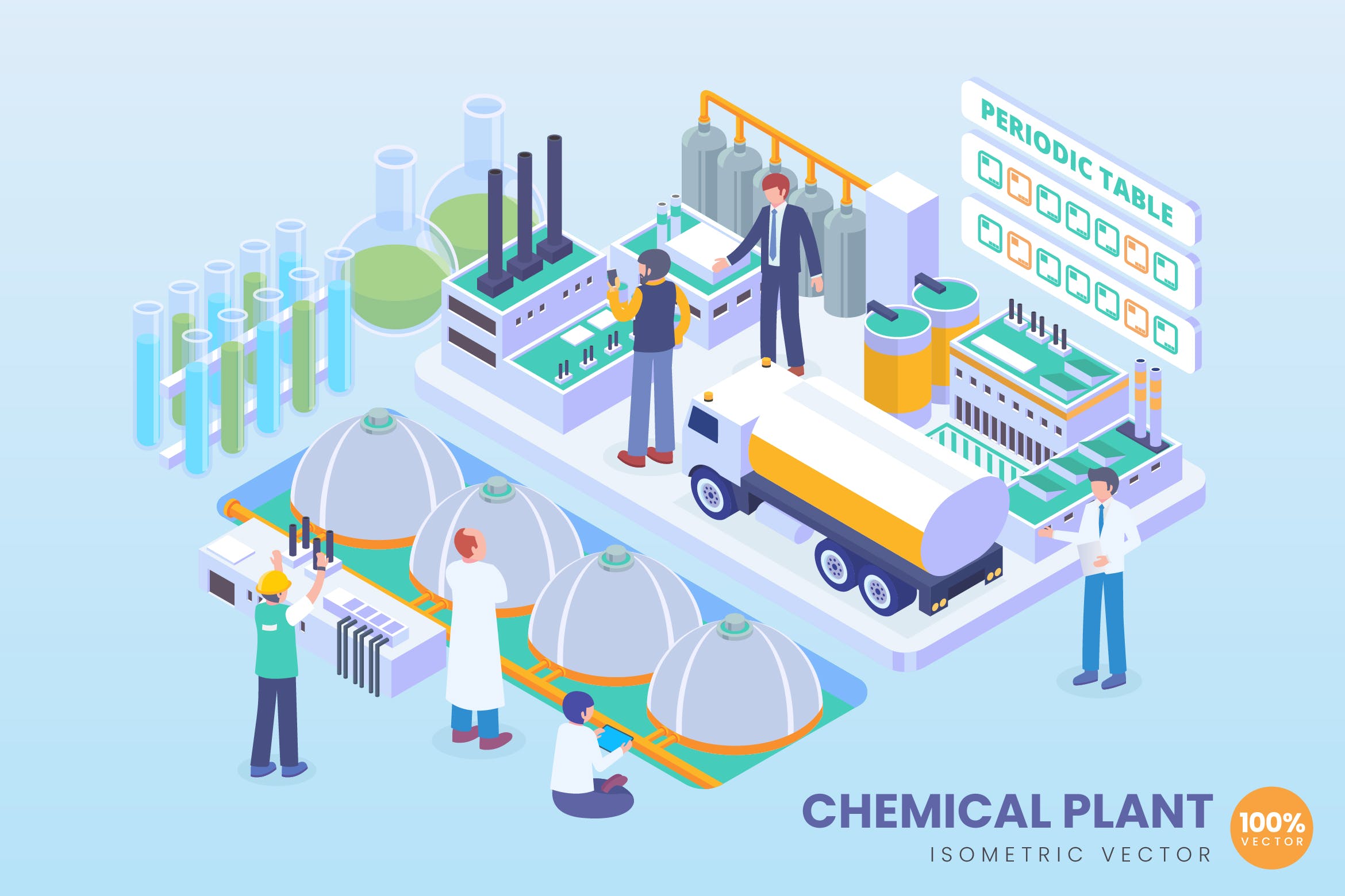 创新型化工厂等距矢量科技素材库精选概念插画v2 Isometric Chemical Plant Vector Concept插图