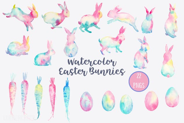 复活节兔子水彩矢量图案设计套装 Watercolor Easter Bunnies Design Kit插图(1)