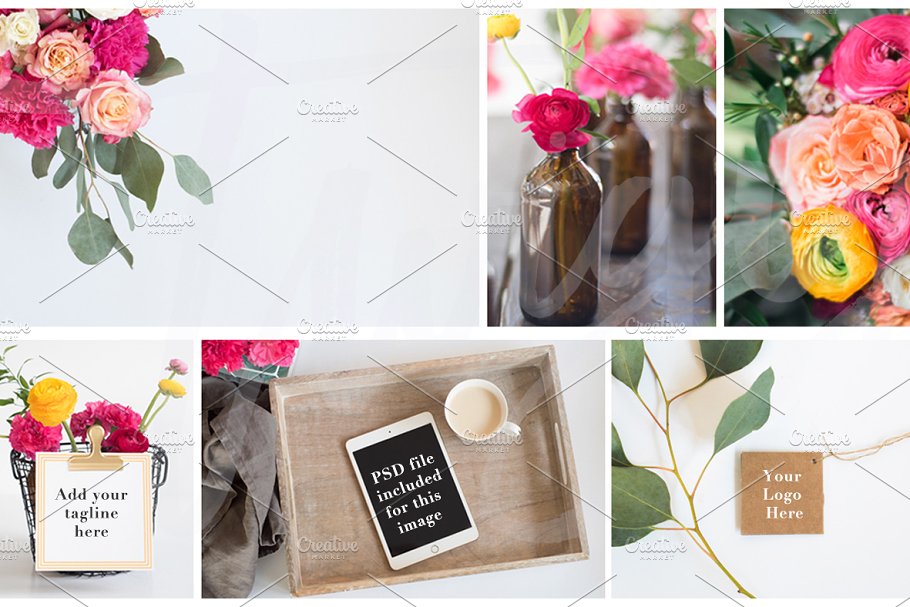 花卉装饰平板&照片场景样机 Floral Stock Photos | Tablet Mockup插图(1)