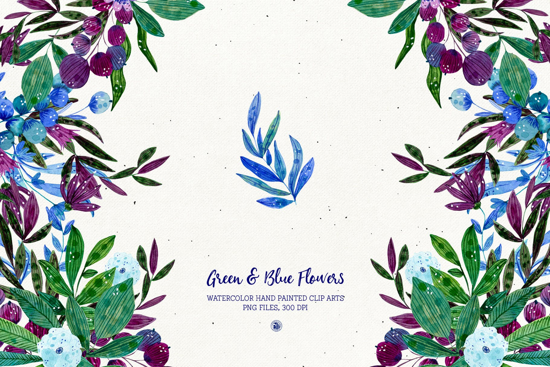 绿色&蓝色水彩手绘花卉剪贴画PNG素材 Green and Blue Flowers插图(4)