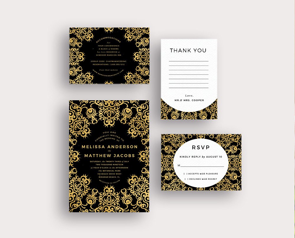 黑金装饰风格婚礼邀请函模板 Gold Ornate on Black插图(1)