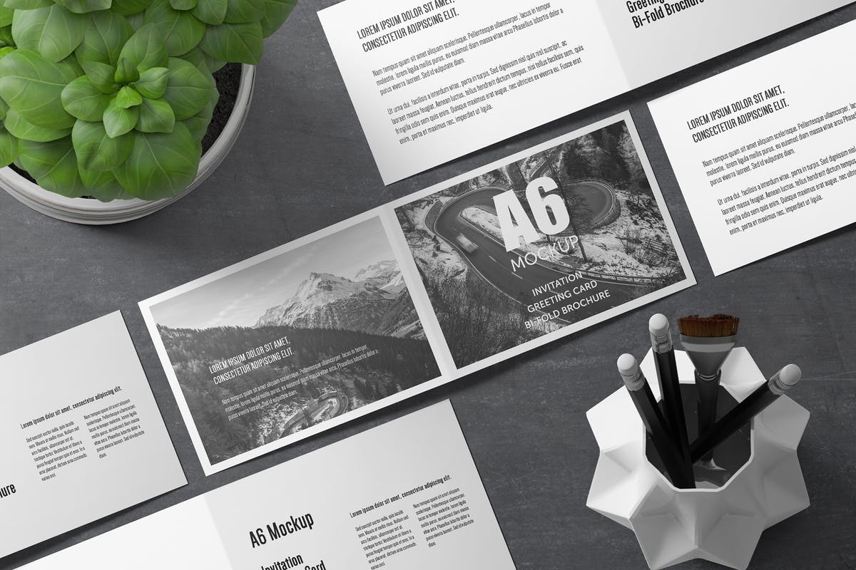 A6横向双折页宣传册样机 A6 Landscape Bi-Fold Brochure Greeting Card Mockup插图