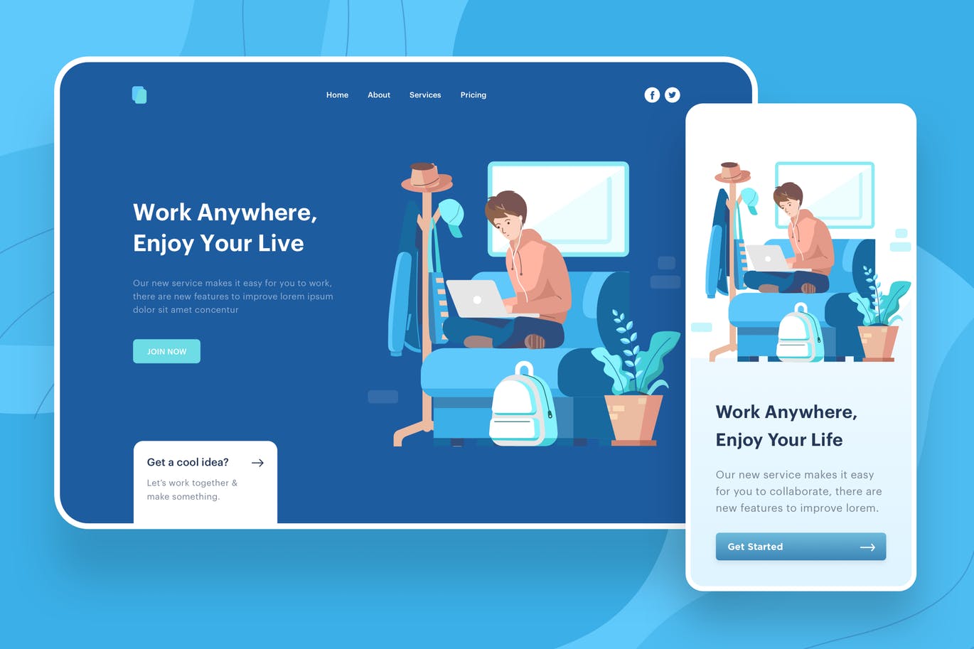 移动办公主题网站矢量插画素材 Work Anywhere Illustration – Website Header插图