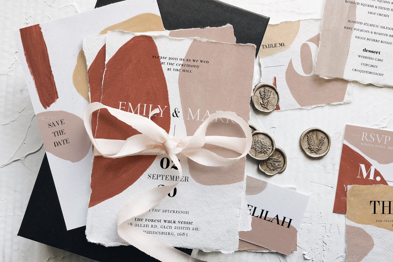 现代抽象水彩图案撕纸风格婚礼邀请设计套件 Modern Abstract Wedding Suite插图