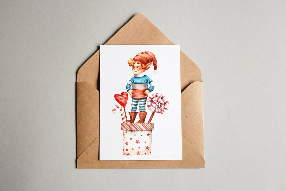 圣诞老人的小帮手水彩插画素材插图(2)