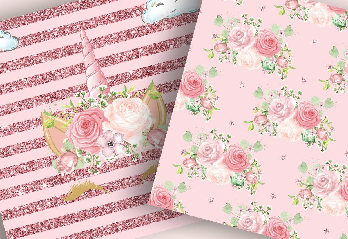 独角兽花卉图案数码纸张背景素材 Unicorn Faces Floral digital paper pack插图(4)