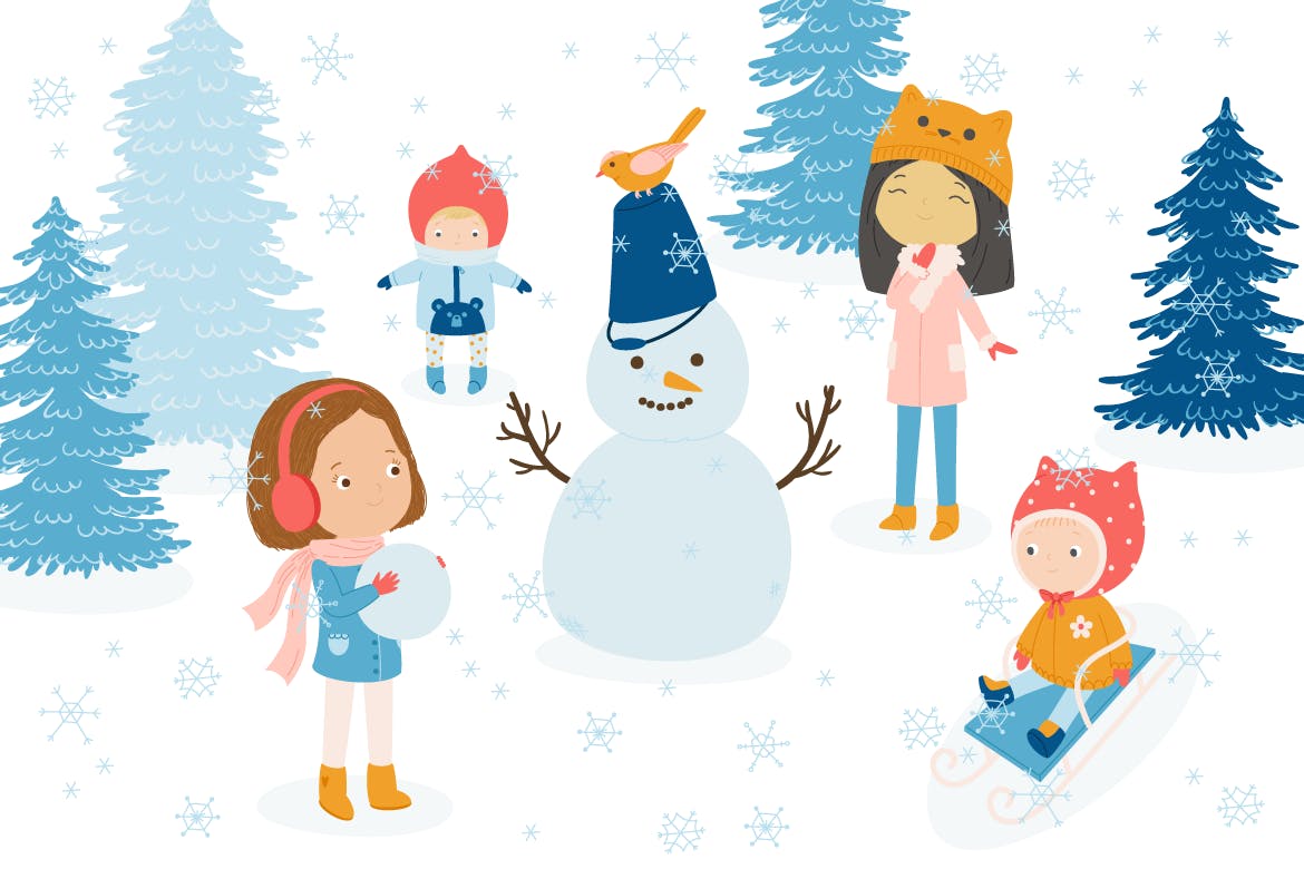 冬天儿童乐园矢量插画设计素材 Winter Fun Vector Graphic Set插图(1)