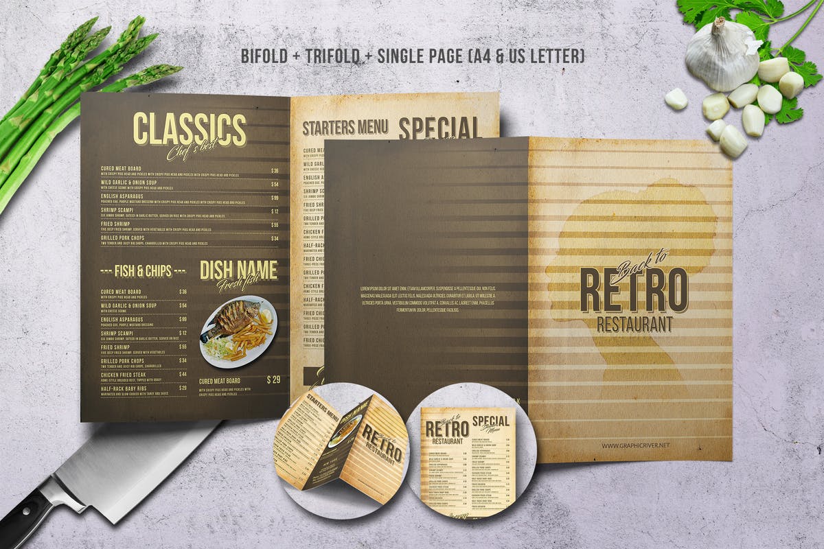 80年代复古西餐菜单PSD模板 80s Retro Menu Bundle US Letter & A4插图