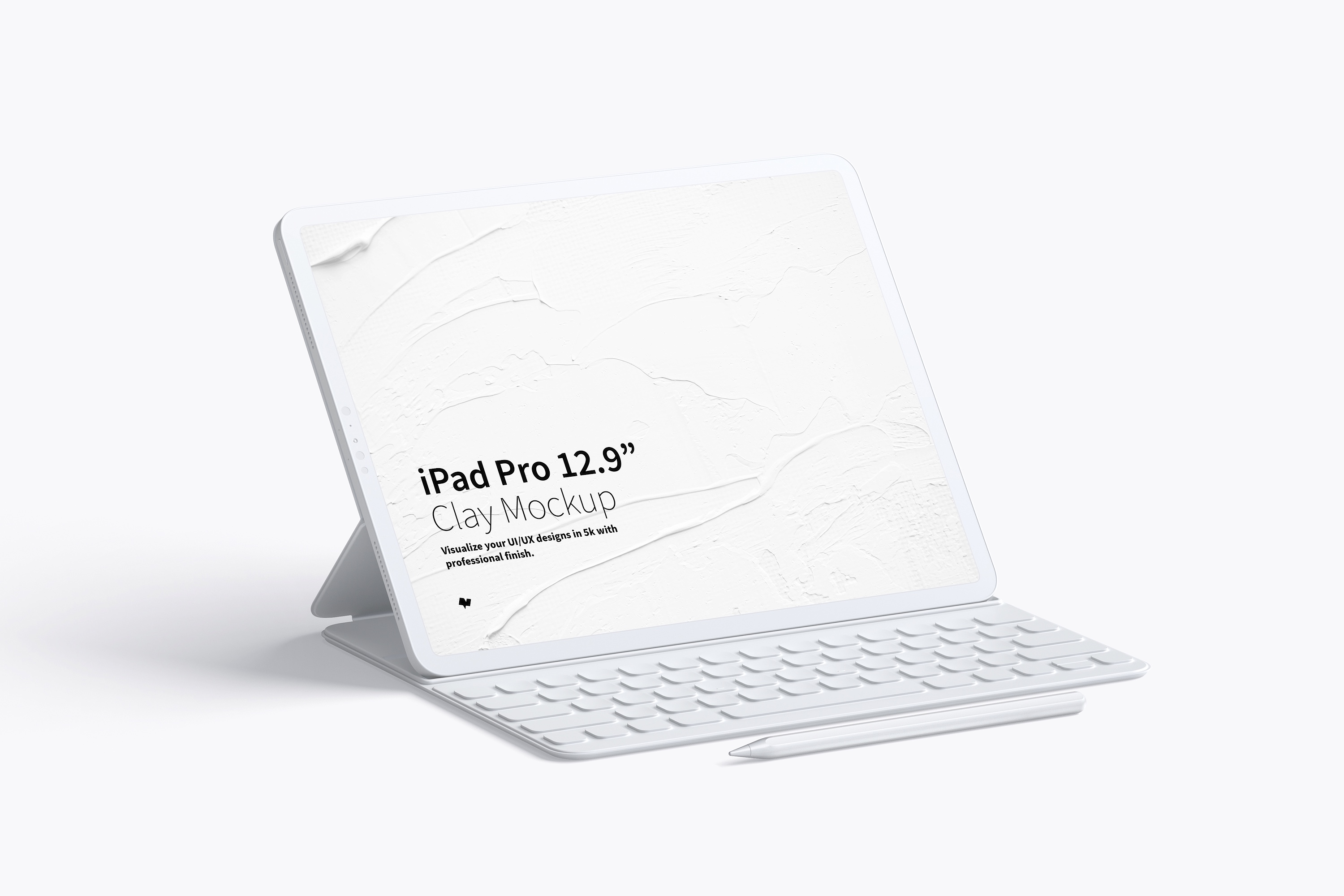 附带键盘的iPad Pro平板电脑屏幕演示样机模板 Clay iPad Pro 12.9” Mockup, With Key Board插图
