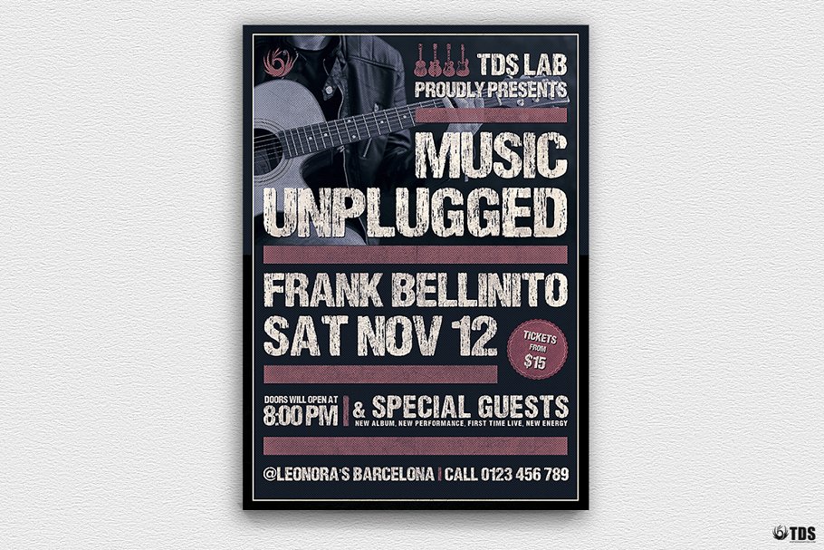 电吉他音乐表演宣传海报PSD模板 Music Unplugged Flyer PSD插图(1)