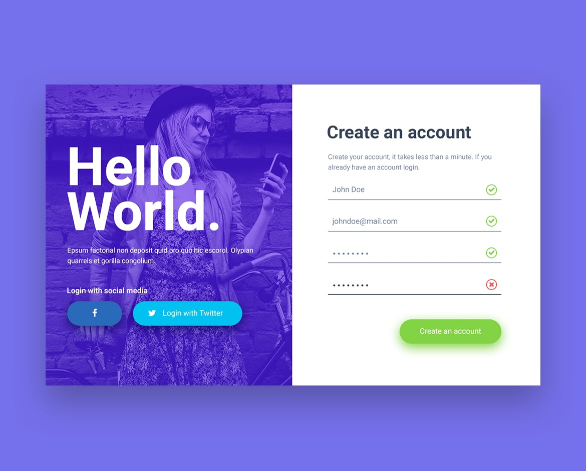 网站注册登录表单独立页面设计素材库精选模板 Hello World Login & Registration Form插图(3)