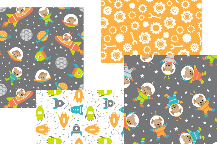 可爱现代太空元素图案纹理素材 Cute Modern Space Explorers Patterns插图(3)