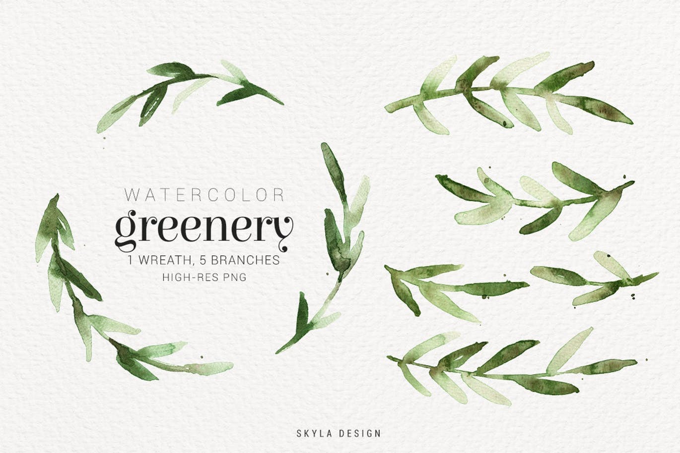 绿色水彩手绘枝叶图案PNG素材 Watercolor greenery插图(1)