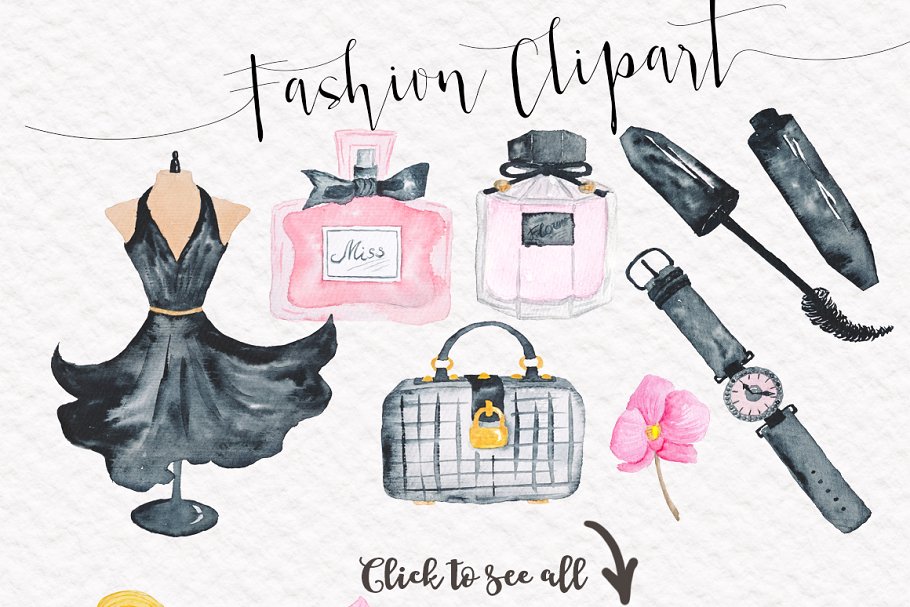 时尚化妆主题水彩素材套装 Fashion Cosmetic Watercolor Kit插图(1)